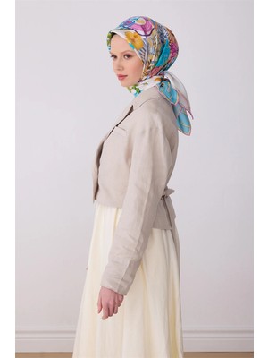Belli Bebe Mavisi Çok Renkli Obje Desen %100 Twill Ipek Eşarp 4324-31