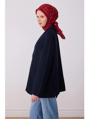 Belli Koyu Kırmızı Obje Desen %100 Twill Ipek Eşarp 4322-84