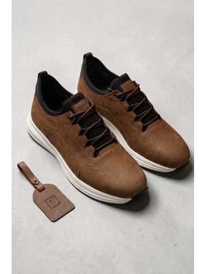Zueofficial Erkek Hakiki Nubuk Deri Kahverengi Bağcıklı Sneaker Ayakkabı