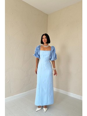 Kendim Fashion Bebe Mavi Işlemeli Kolu Garnili Elbise