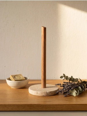 Faralya Home Doğal Traverten Mermer ve Ahşap Saplı Kağıt Havluluk - Modern Mutfak Düzenleyici (14 cm x 24 Cm)