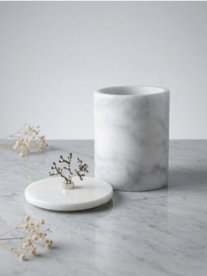 Faralya Home Doğal Beyaz Mermer Çöp Kovası Mercan Gümüş (Çap 14CM / Yükseklik 18 Cm)