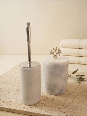 Faralya Home Doğal Mermer Çöp Kovası / Klozet Fırçalık 2'li Set Mercan Gümüş