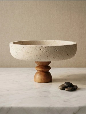 Faralya Home Doğal Traverten Ahşap Ayaklı Kase 25X5 cm Chintika Model Sunum Kase Dekoratif Kase