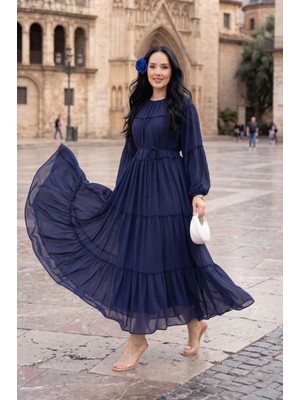 EFL Büzgü Detaylı Kat Kat Elbise Lacivert