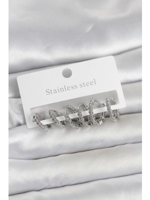 Kocadal Mht 316L Çelik Gümüş Renk Zirkon Taşlı Halka Model Kadın Küpe Seti Mht