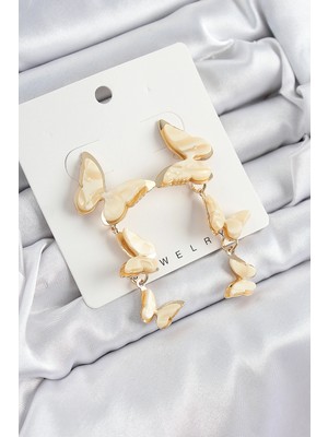 Kocadal Mht Pirinç Sedef Sallantılı Mermer Desenli Kelebek Model Gold Renk Vintage Kadın Küpe Mht