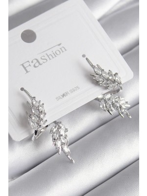 Kocadal Mht Pirinç Gümüş Renk Zirkon Taşlı Yaprak Model Kadın Küpe Mht