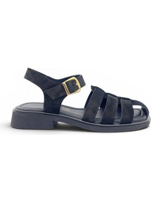 Vieris Siyah Süet Hakiki Deri Şık Toka Detaylı Günlük Kadın Sandalet (187004)