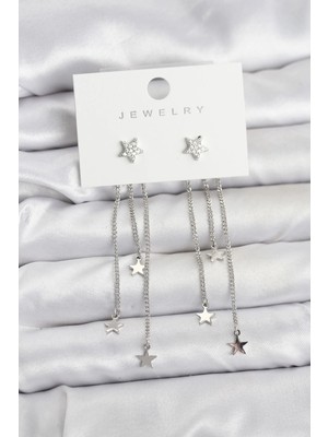 Kocadal Mht Yıldız Model Gümüş Renk Pirinç Sallantılı Kadın Küpe Mht