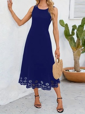 Kendim Fashion Kadın Kolsuz Etek Ucu Lazer Kesim Çiçek Desenli Midi Boy Ithal Krep Elbise