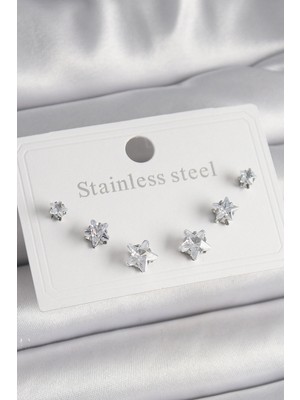 Kocadal Mht 316L Çelik Gümüş Renk Zirkon Taşlı Yıldız Model Kadın Küpe Seti Mht