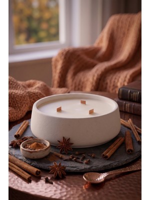 Art&Gift Tarçın Kokulu Dekoratif Beton Mum Yuvarlak Yatay Form Üç Fitilli Mum 250 gr
