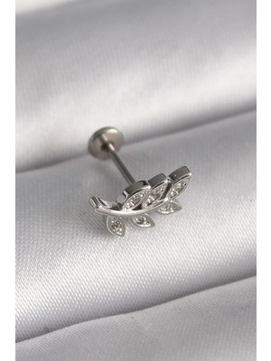 Kocadal Mht 316L Çelik Gümüş Renk Dal Model Zirkon Taş Detaylı Tragus Piercing Mht