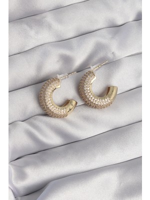 Kocadal Mht Pirinç Gold Renk Zirkon Taşlı Yarım Halka Küpe Mht