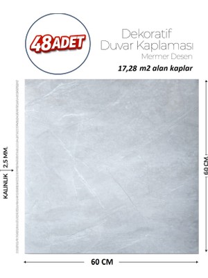 Brano 60X60 cm Kendinden Yapışkanlı Duvar,banyo,tezgah Arası Açık Gri Mermer-48 Adet