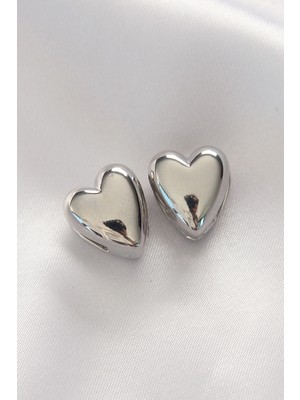 Kocadal Mht Pirinç Gümüş Renk Minimal Bombeli Kalp Küpe Mht