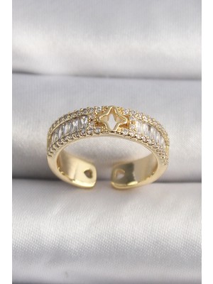 Kocadal Mht Pirinç Gold Renk Zirkon Taşlı Yıldız Işleme Vıp Seri Kadın Yüzük Mht
