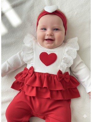 Minicayzen Laura Baby Kız Bebek Bandanalı Kırmızı Beyaz Fırfırlı Tulum