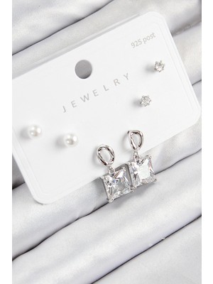 Kocadal Mht Pirinç Zirkon Taşlı Sallantılı Kare Model Gümüş Renk 925 Ayar Gümüş Çivi Kadın Küp