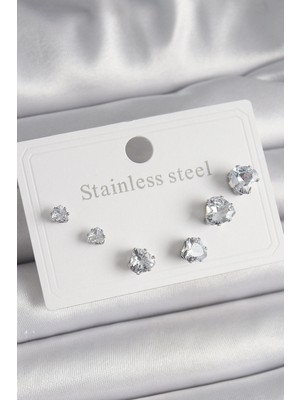 Kocadal Mht 316L Çelik Gümüş Renk Zirkon Taşlı Kalp Model Kadın Küpe Seti Mht