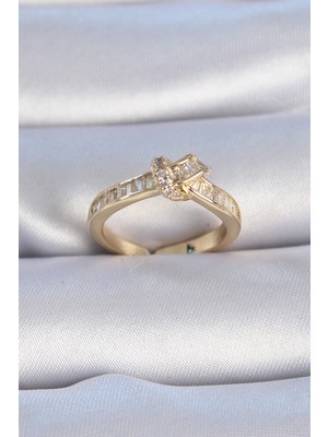 Kocadal Mht Pirinç Gold Renk Zirkon Taşlı Düğüm Model Kadın Yüzük Mht