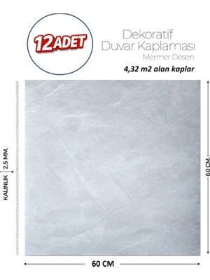Brano 60X60 cm Kendinden Yapışkanlı Duvar,banyo,tezgah Arası Açık Gri Mermer-12 Adet