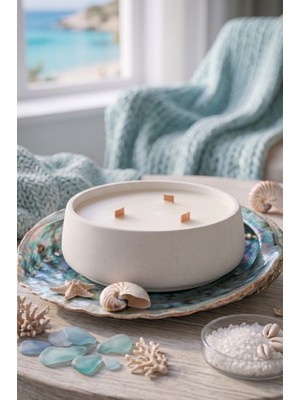 Art&Gift Okyanus Kokulu Dekoratif Beton Mum Yuvarlak Yatay Form Üç Fitilli Mum 250 gr