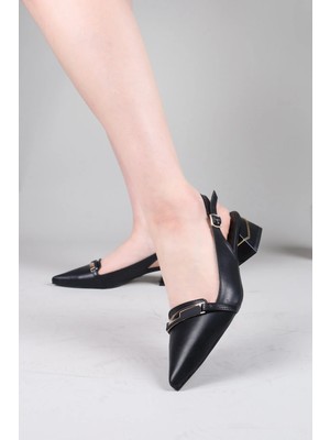 Birikon Velho Arkası Açık Alçak Topuklu Stiletto Siyah