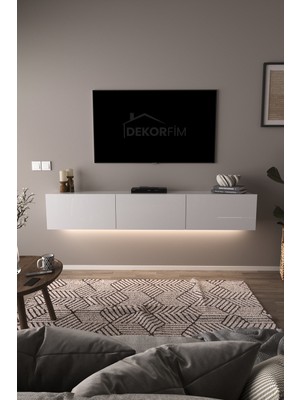 Dekorfim DF17103 Dolaplı Duvara Monte Tv Ünitesi 180 cm Modern Askılı Dekoratif Stil Tv Sehpası  Beyaz