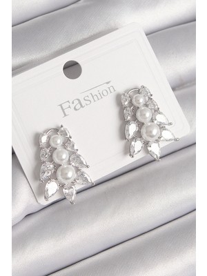 Kocadal Mht Pirinç Gümüş Renk Zirkon Taşlı Yaprak Model Inci Detay Kadın Küpe Mht