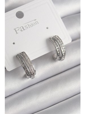 Kocadal Mht Pirinç Gümüş Renk Zirkon Taşlı Yarım Halka Model Kadın Küpe Mht