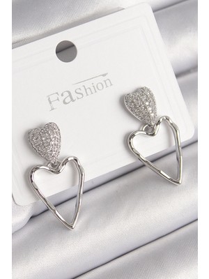 Kocadal Mht Pirinç Gümüş Renk Zirkon Taşlı Kalp Model Kadın Küpe Mht