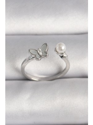 Kocadal Mht Pirinç Gümüş Renk Zirkon Taş Detaylı Beyaz Mineli Kelebek Figür Inci Detay Ayarlanabilir