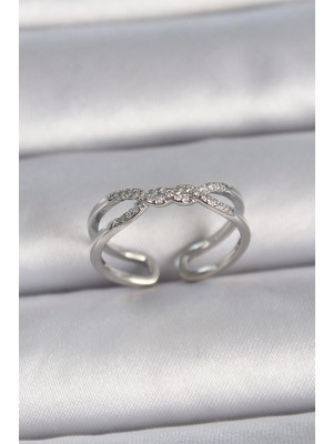 Kocadal Mht Pirinç Gümüş Renk Ayarlanabilir Zirkon Taşlı Sarmal Model Kadın Yüzük Mht