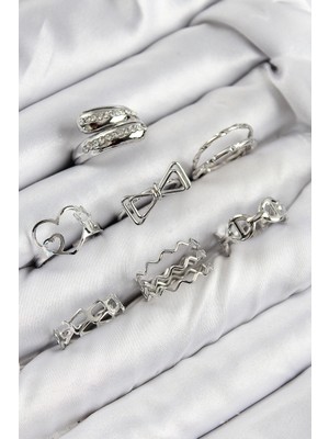 Kocadal Mht Pirinç Zirkon Taşlı Fiyonk ve Kalp Model Gümüş Renk Kadın Yüzük Kombin Set Mht