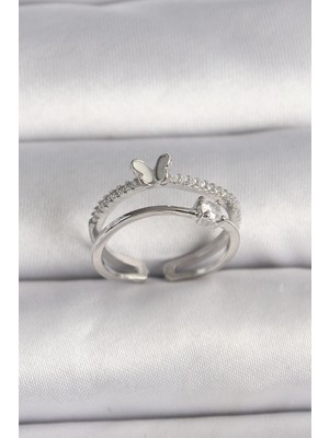 Kocadal Mht Pirinç Gümüş Renk Zirkon Taşlı Kelebek Figürlü Ayarlanabilir Yüzük Mht