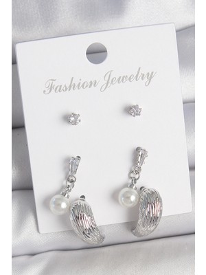 Kocadal Mht Pirinç Gümüş Renk Sallantılı Zirkon Taşlı Damla Model 3 Çift Kadın Küpe Seti Mht