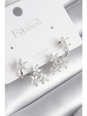 Kocadal Mht Pirinç Gümüş Renk Zirkon Taşlı Çiçek Tasarım Kadın Küpe Mht