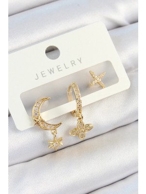 Kocadal Mht Pirinç Zirkon Taşlı Çiçek ve Ay Model Gold Renk 3'lü Çift Kadın Küpe Set Mht