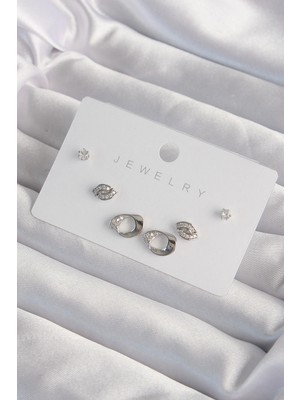 Kocadal Mht Pirinç Gümüş Renk Zirkon Taşlı Yaprak Model Küpe Seti Mht