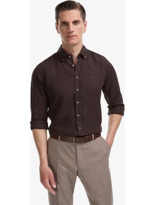 Cacharel Erkek Koyu Kahverengi Regular Fit Yakası Düğmeli %100 Keten Gömlek 50319198-VR084