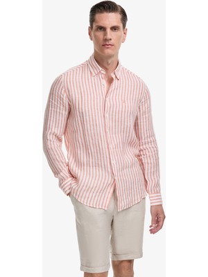 Cacharel Erkek Turuncu Slim Fit %100 Keten Yakası Düğmeli Çizgili Gömlek 50326114-VR051