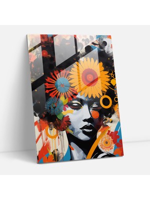Popcasso Soyut Kolaj Cam Tablo - Afro Temalı Dekoratif Cam Duvar Tablosu