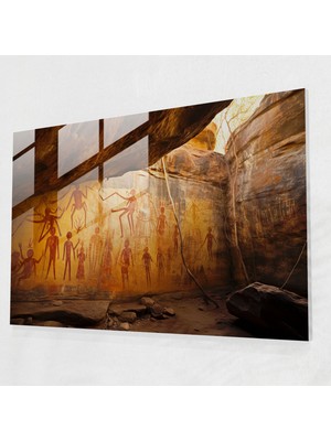 Popcasso Eski Kaya Sanatı Temalı Temperli Cam Tablo - Yerli Mağara Resimleri ve Antik Kültür Görseli