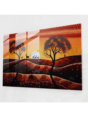 Popcasso Aborjin Temalı Cam Tablo - Avustralya'nın Outback'inde Kangurular - Nokta Resimleme Sanatı ile Cam Duvar Tablosu