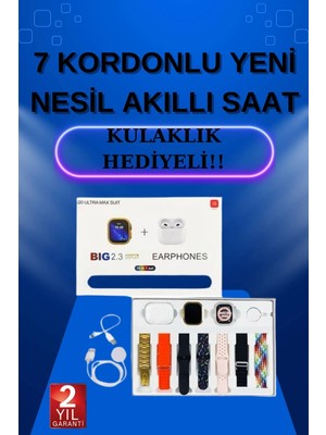 Calperia Akıllı Saat 7 Kordonlu Kulaklık Hediyeli Nabız Ölçer Uyku Takibi Sesli Görüşme
