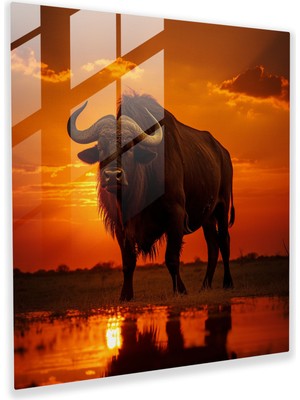 Popcasso Buffalo Manzaralı Günbatımı Silueti Temperli Cam Tablo - Nefes Kesen Doğa Manzarası Kontrast Duvar Dekoru