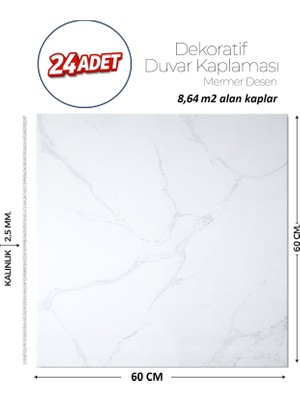 Brano 60X60 cm Kendinden Yapışkanlı Duvar,banyo,tezgah Arası Beyazmermer-24 Adet