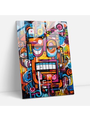 Popcasso Soyut Graffiti Sanatı Temperli Cam Tablo - Basquiat Temalı Duvar Dekoru - Sanat Eseri